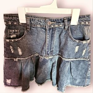 High-Waist Denim Pleated Skirt